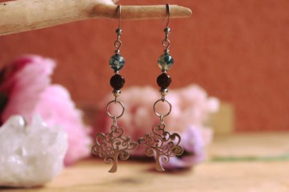 Boucles d'oreilles agate mousse et bois fossile fossilisé arbre idée cadeau femme lithothérapie et bijoux artisanaux