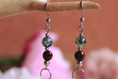 Boucles d'oreilles agate mousse et bois fossile fossilisé arbre idée cadeau femme lithothérapie et bijoux artisanaux