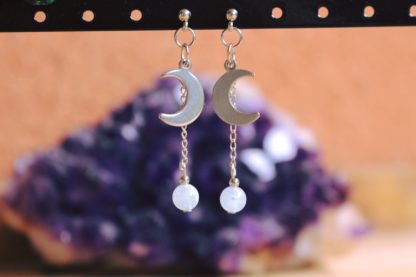 Boucles d'oreilles en aigue-marine lune acier inoxydable bijoux artisanaux fait main fait en france pour la lithothérapie pierres naturelles idée cadeau femme