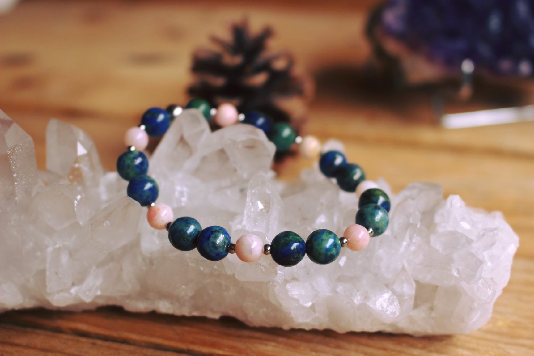 bracelet en opale rose et azurite malachite cadeau femme lithothérapie pierres naturelles fait main