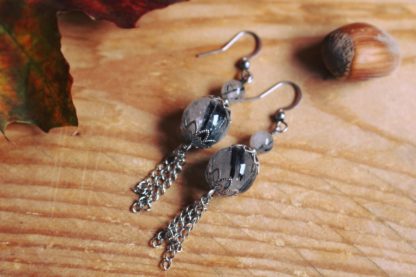 boucles d'oreilles en quartz tourmaliné cristal de roche tourmaline noire bijoux pierres naturelles lithothérapie cadeau femme artisanat français