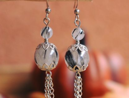 boucles d'oreilles en quartz tourmaliné cristal de roche tourmaline noire bijoux pierres naturelles lithothérapie cadeau femme artisanat français