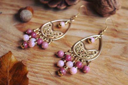 boucles d'oreilles en rhodonite et opale rose pierres naturelles lithothérapie bijoux fait main fabrication française cadeau femme