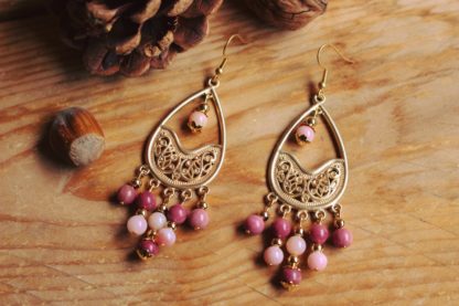 boucles d'oreilles en rhodonite et opale rose pierres naturelles lithothérapie bijoux fait main fabrication française cadeau femme