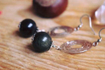 Boucles d'oreilles en obsidienne dorée lithothérapie pierres naturelles bijoux cadeau femme fait main fabriqué en france