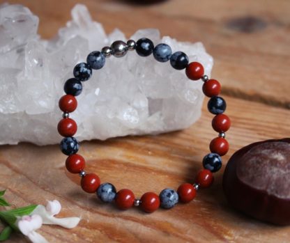 Bracelet en jaspe rouge et obsidienne neige lithothérapie pierres naturelles fait main fabriqué en france artisanat cadeau femme bijoux