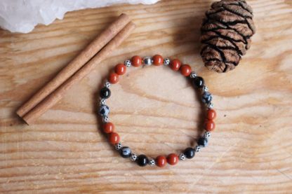 Bracelet en jaspe rouge et obsidienne neige lithothérapie pierres naturelles bien-être minéraux bijoux fait main fabriqué en france artisanal cadeau femme