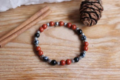 Bracelet en jaspe rouge et obsidienne neige lithothérapie pierres naturelles bien-être minéraux bijoux fait main fabriqué en france artisanal cadeau femme