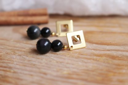 Boucles d'oreilles en obsidienne arc-en-ciel oeil céleste lithothérapie acier inoxydable doré pierres naturelles bijoux artisanaux fait main fait en france cadeau femme