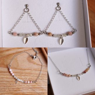 Parure de bijoux en péristérite et opale rose bijoux artisanaux pierres naturelles lithothérapie fabriqué en France cadeau femme