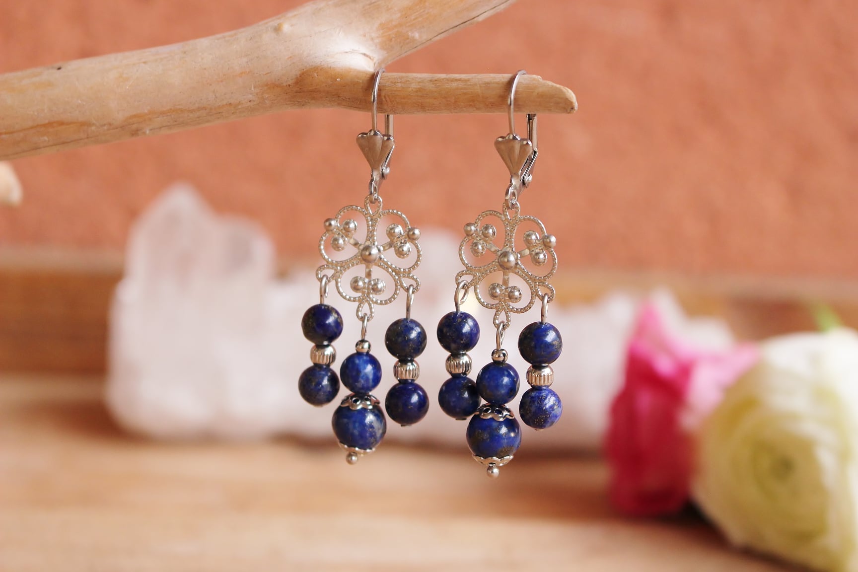 Boucles d'oreilles en lapis-lazuli bijoux pierres naturelles lithothérapie fait main fabriqué en france artisanat Besançon cadeau femme