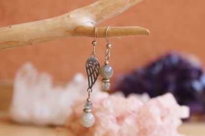 Boucles d'oreilles asymétriques labradorite lithothérapie pierres naturelles bijoux originaux made in france cadeau femme