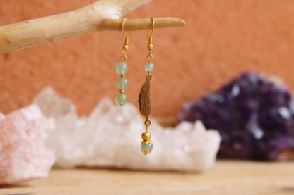 Boucles d'oreilles asymétriques aventurine verte lithothérapie pierres naturelles bijoux originaux made in france cadeau femme