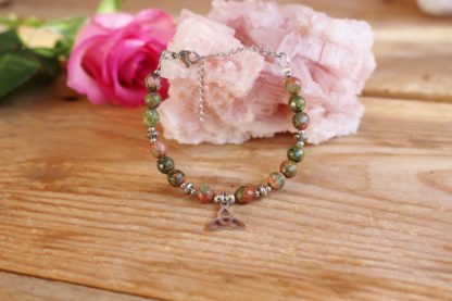 Bracelet en unakite épidote triquetra pierres naturelles bijoux lithothérapie bien-être fait main artisanal cadeau femme