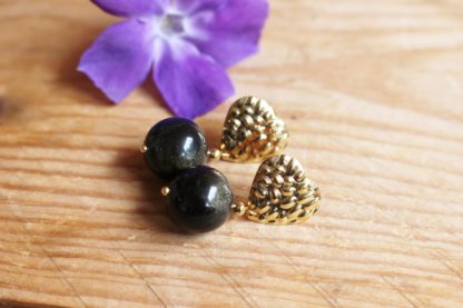 boucles d'oreilles en obsidienne dorée acier inoxydable doré cadeau fête des mères pierres naturelles lithothérapie fait main fabriqué en france artisanat