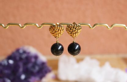 boucles d'oreilles en obsidienne dorée acier inoxydable doré cadeau fête des mères pierres naturelles lithothérapie fait main fabriqué en france artisanat