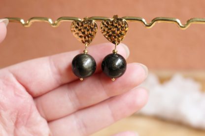 boucles d'oreilles en obsidienne dorée acier inoxydable doré cadeau fête des mères pierres naturelles lithothérapie fait main fabriqué en france artisanat