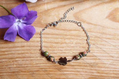 Bracelet en unakite épidote triquetra pierres naturelles bijoux lithothérapie bien-être fait main artisanal cadeau femme