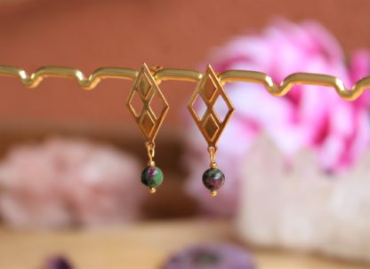 Boucles d'oreilles en zoïsite à rubis pierres naturelles bijoux lithothérapie bien-être fait main artisanal cadeau femme