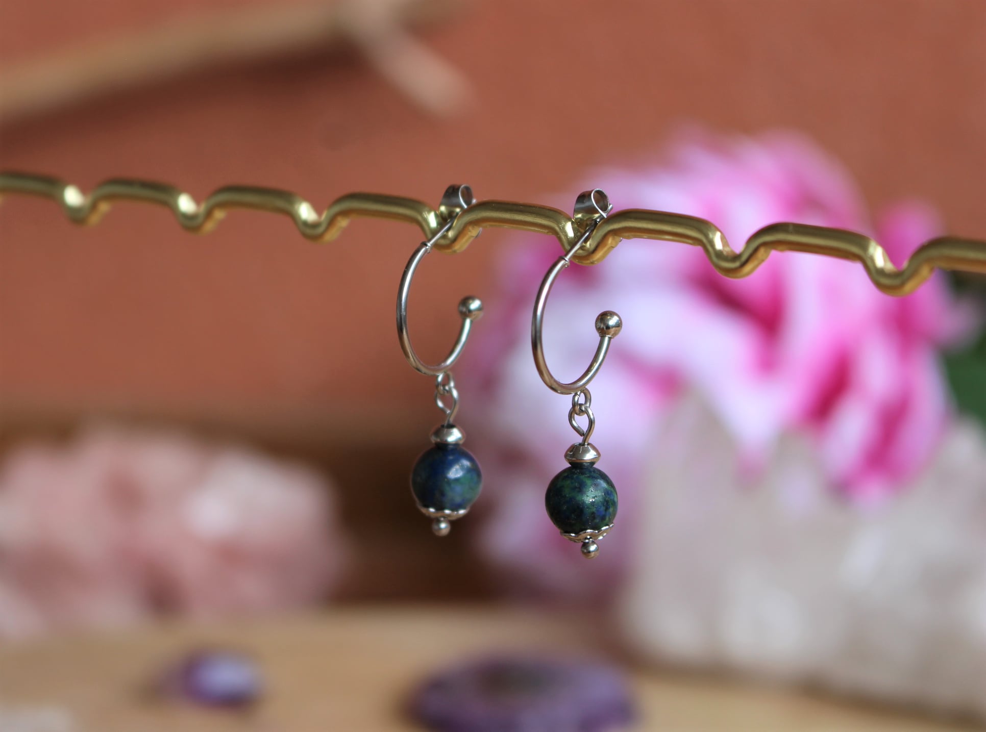 boucles d'oreilles créoles en azurite malachite lithothérapie bijoux pierres véritables et naturelles