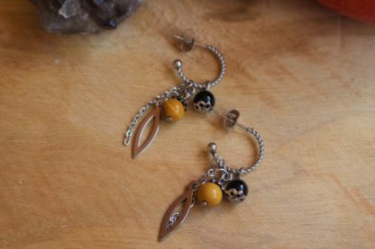 boucles d'oreilles en jaspe mookaite et tourmaline noire lithothérapie bijoux pierres véritables et naturelles