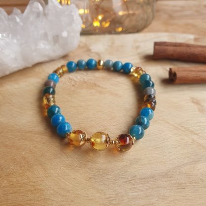 bracelet en ambre et apatite bleue lithothérapie bijoux pierres véritables et naturellesv