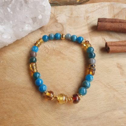 bracelet en ambre et apatite bleue lithothérapie bijoux pierres véritables et naturellesv
