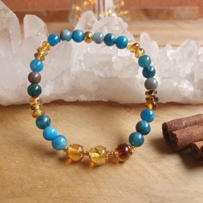 bracelet en ambre et apatite bleue lithothérapie bijoux pierres véritables et naturellesv