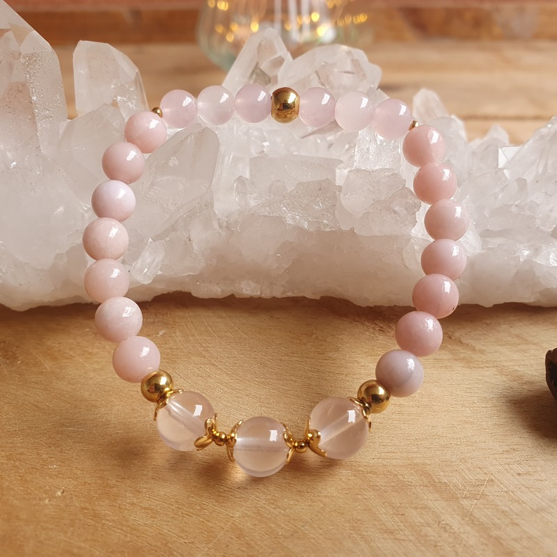 bracelet en opale rose et quartz rose lithothérapie bijoux pierres véritables et naturelles