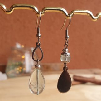 Boucles d'oreilles asymétriques en fluorite pierres naturelles lithothérapie bijoux fait main en france bijoux en acier inoxydable et minéraux