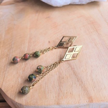 Boucles d'oreilles en épidote-unakite lithothérapie pierres naturelles bijoux minéraux véritables