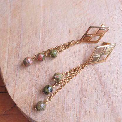 Boucles d'oreilles en épidote-unakite lithothérapie pierres naturelles bijoux minéraux véritables