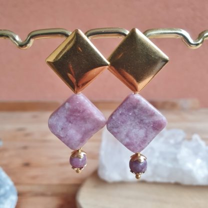 boucles d'oreilles en lépidolite bijoux en pierres naturelles lithothérapie made in france artisanat français