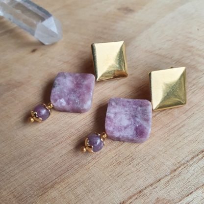 boucles d'oreilles en lépidolite bijoux en pierres naturelles lithothérapie made in france artisanat français
