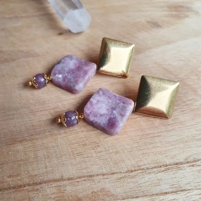 boucles d'oreilles en lépidolite bijoux en pierres naturelles lithothérapie made in france artisanat français