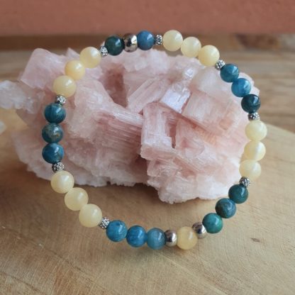 Bracelet en apatite bleue et calcite jaune bijoux pierres naturelles lithothérapie minéraux