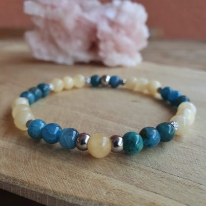 Bracelet en apatite bleue et calcite jaune bijoux pierres naturelles lithothérapie minéraux