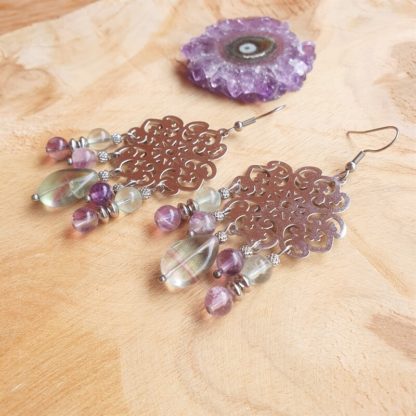 boucles d'oreilles en fluorite lithothérapie pierres naturelles bijoux