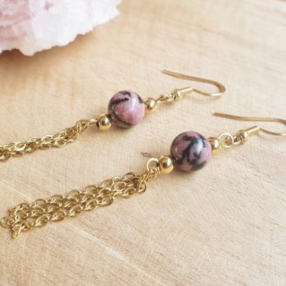 Boucles d'oreilles en rhodonite bijoux lithothérapie pierres naturelles