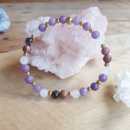 Bracelet en lépidolite, rhodonite et jade blanc bijoux pierres naturelles lithothérapie