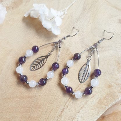 Boucles d'oreilles en améthyste et jade blanc bijoux pierres naturelles lithothérapie