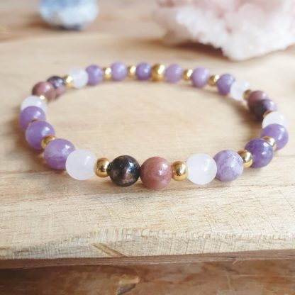 Bracelet en lépidolite, rhodonite et jade blanc bijoux pierres naturelles lithothérapie