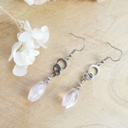 Boucles d'oreilles en quartz rose bijoux pierres naturelles lithothérapie bijoux artisanaux fabriqué en france