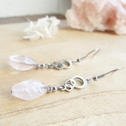 Boucles d'oreilles en quartz rose bijoux pierres naturelles lithothérapie bijoux artisanaux fabriqué en france