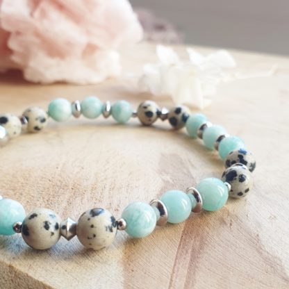 Bracelet en amazonite et jaspe dalmatien bijoux pierres naturelles lithothérapie bijoux artisanaux fabriqué en france