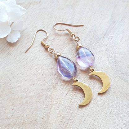 Boucles d'oreilles en fluorite violette bijoux pierres naturelles lithothérapie minéraux