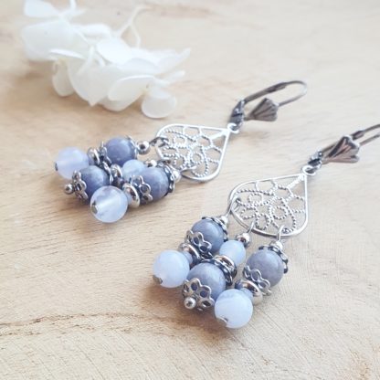 Boucles d'oreilles tanzanite calcédoine bleue bijoux pierres naturelles lithothérapie minéraux