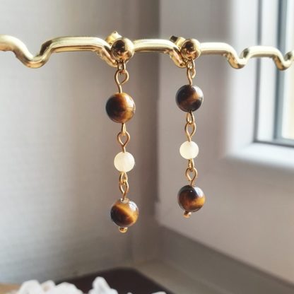 Boucles d'oreilles en oeil de tigre et calcite jaune bijoux pierres naturelles lithothérapie minéraux