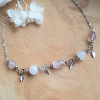 Collier en quartz rose et jade blanc bijoux pierres naturelles lithothérapie