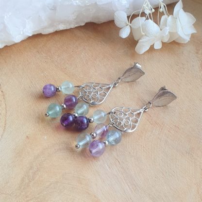 Boucles d'oreilles en fluorite fluorine lithothérapie pierres naturelles minéraux bijoux artisanat de France